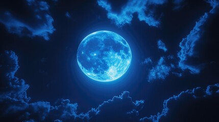 Wall Mural - A full blue moon glowing softly, with scattered clouds creating a mystical atmosphere in the night sky.