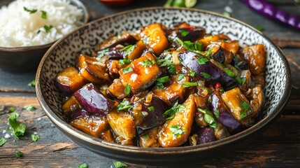 Wall Mural - A vibrant dish of Chinese stir-fried eggplant with garlic sauce, served on a rustic wooden table with a side of steamed rice