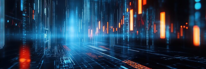Wall Mural - futuristic digital data stream with blue and orange light effects