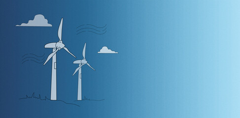 windmills producing electricity on the blue background . the concept of eco energy generation.