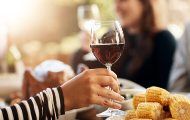 Person, glass or hands with wine at thanksgiving dinner for celebration, family or holiday at table, Corn, relax or closeup of alcohol in home for party or social gathering with beverage or drinks