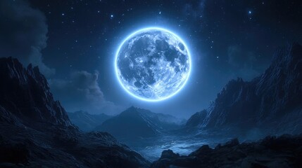 A full blue moon with a ring of light around it, creating a mystical night scene.