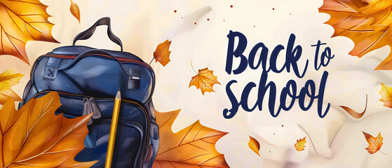 Back to school text banner illustration with autumn leaves and backpack. September school student bag, education study concept, university college poster, elementary kid child class, learn, pencil