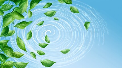 Wall Mural - A swirling breeze of green leaves against a light blue sky, symbolizing nature and tranquility.