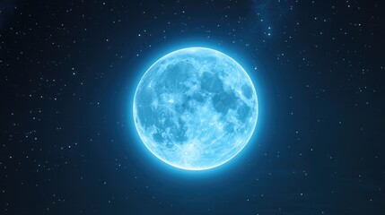 Wall Mural - A full blue moon with a soft, glowing halo, surrounded by twinkling stars in the night sky.