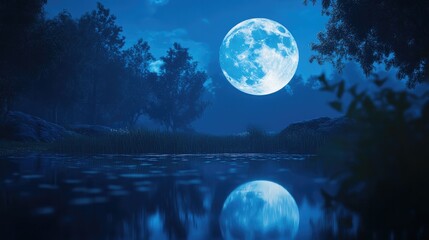 Wall Mural - A full blue moon with soft light reflecting off a still pond at night.