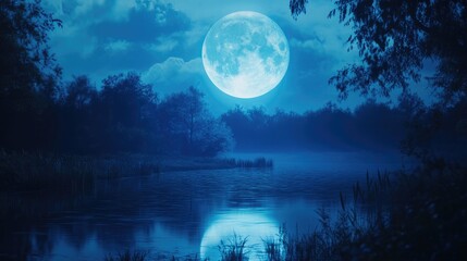 Wall Mural - A full blue moon with soft light reflecting off a still pond at night.