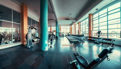 Panoramic view of modern style gym interior