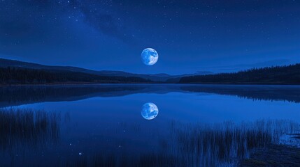 The full blue moon reflected in a still lake under a starry night sky.