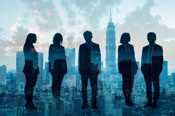 People standing in city skyline double exposure created with Generative AI