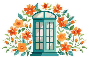 Wall Mural - Window with orange flowers, watercolor clipart illustration with isolated background.
