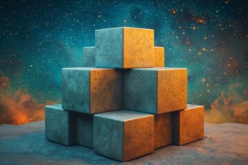 Poster - Abstract Cubes on a Planet Surface with Starry Night Sky.