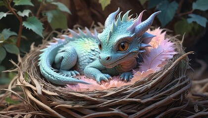 Wall Mural - A charming baby dragon with shimmering scales curled up in a nest, painted in soft pastels to emphasize its adorable and gentle nature, Generative AI