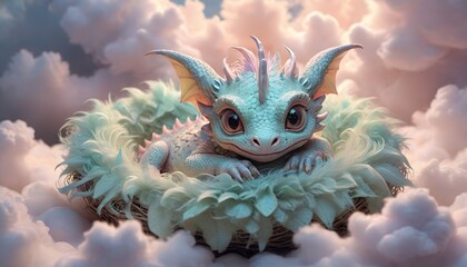 Wall Mural - A fluffy, wide-eyed dragon with soft, rounded features, nestled in a bed of clouds, created in a dreamy, pastel color palette to enhance its innocent and adorable look, Generative AI