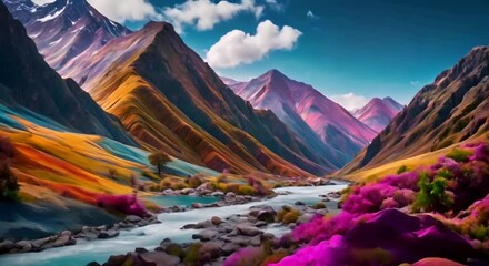 Wall Mural - painting of a river flowing through colorful mountain ranges