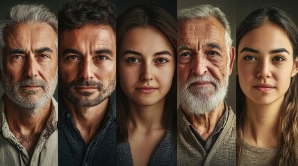 Aufkleber - A diverse group of five individuals stands together, each displaying distinct facial expressions and characteristics, emphasizing age and diversity. Generative AI