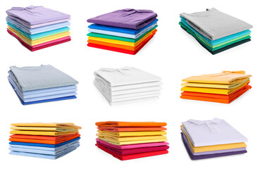 Canvas Print - Stacks of different t-shirts isolated on white, collage