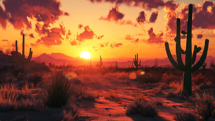 Desert sunset with cacti and distant mountains.