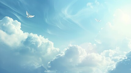 two white doves flying in a blue sky with white clouds