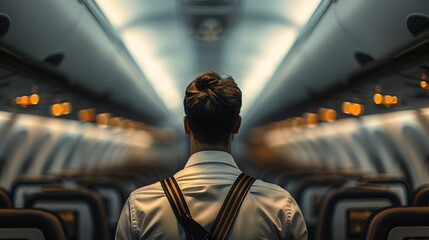 backview of a steward in an airplane before takeoff : Generative AI