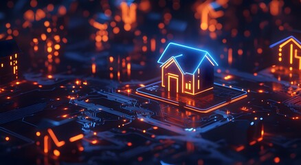 A futuristic digital image of an illuminated house icon floating above a glowing circuit board. Smart home technology. Real Estate Finance, real estate investment concepts, managing business aspects