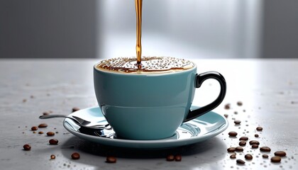 Wall Mural - A close-up of a coffee cup with droplets of coffee cascading down the side, captured in slow motion to highlight the texture and movement of the coffee as it interacts with the surface, Generative AI.