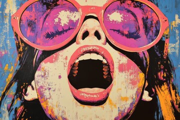 Wall Mural - A vibrant, colorful artwork featuring a woman wearing oversized pink sunglasses, expressing joy or excitement with her mouth open widely against a lively background