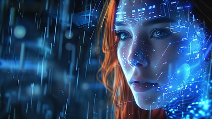 Aufkleber - a blue, holographic diagram of a computer chip. : Generative AI