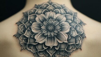 A detailed black and gray tattoo featuring a large, elegant floral mandala design on the back, showcasing intricate line work and shading