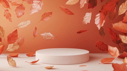 Wall Mural - A minimalist display featuring autumn leaves falling against a warm-toned backdrop in soft evening light