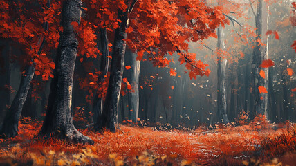 Forest path, red leaves, fall, sunlight, trees.