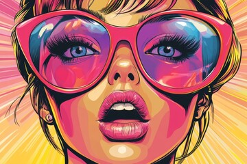 Wall Mural - A vibrant pop-art portrayal of a stylish woman with oversized sunglasses, showcasing bold colors and expressive features against a dynamic background.