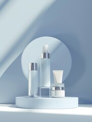 Aufkleber - Minimalistic 3D cosmetic product display on blue background : Generative AI