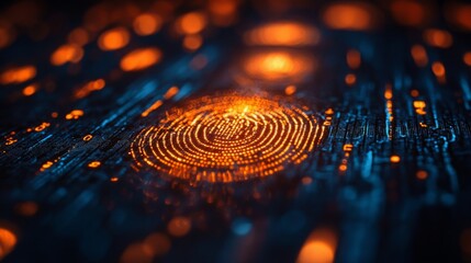 Holographic symbols representing identity verification are illuminated on a dark, textured surface, showcasing advanced technology in use.