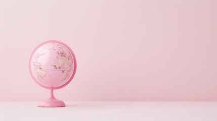 Sticker - A minimalistic pink globe on a simple stand, set against a clean, white background with copy space. The soft pink hue adds a touch of warmth and elegance to the image, making it ideal for various