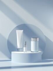 Aufkleber - Minimalistic 3D cosmetic product display on blue background : Generative AI