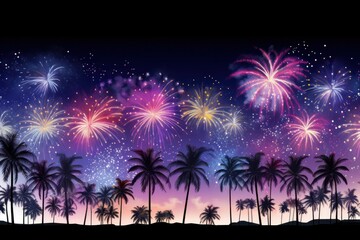 A panoramic view of a fireworks show with various patterns such as palm trees and brocade