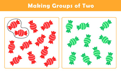 Making Groups of Two Worksheet. Grouping Picture Math Activity for Kids. Fun Math Activity for Children. Counting with Cute Pictures Worksheet.