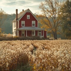 Red Farmhouse in a Field of Wildflowers