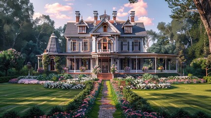 Wall Mural - Victorian Mansion Surrounded by Lush Gardens