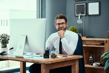 Aufkleber - Computer, desk and portrait of lawyer man in office of law firm for trial preparation or research. Desktop, glasses and planning with happy attorney thinking court case solution for legal defense
