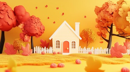 A charming paper-cut style house surrounded by vibrant autumn trees and colorful foliage in a whimsical landscape setting