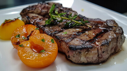 Grilled steak with apricots.