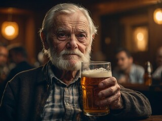 Old man holding a beer and looking at the camera