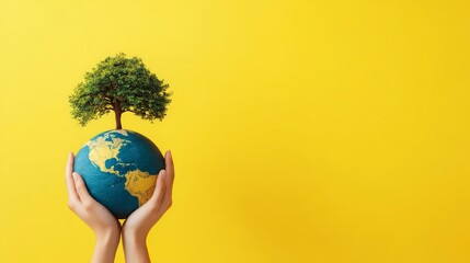 Hands holding a globe with a tree, symbolizing environmental care and sustainability.