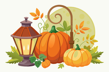 Poster - Pumpkins and lamp, watercolor clipart illustration with isolated background.
