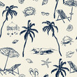 © yuliya_derbisheva - Vector beach accessories seamless pattern. Hand painted elements-palm, wave, shell, starfish, crab, umbrella and sunglasses isolated on beige background. For design, print, interior or background.