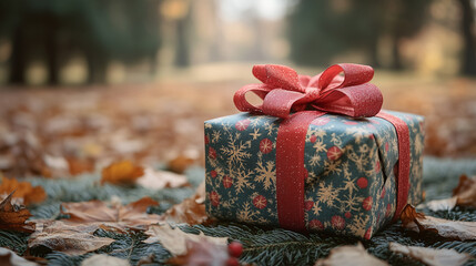 A beautifully christmas wrapped gift box sits on the ground in an autumn park, with leaves scattered around it and trees visible in the blurred background.