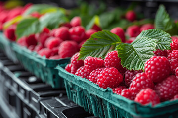 Poster - Racks of raspberries on local market.