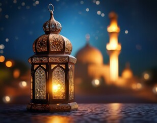 Ornamental Arabic lantern with burning candle glowing at night mosque background. Festive greeting card, invitation for Muslim holy month Ramadan 